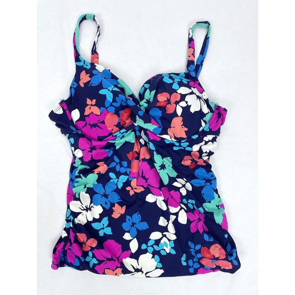 Anne Cole Size 34D Blue Pink White Floral Tankini Swim Top Adjustable Straps - Picture 1 of 6